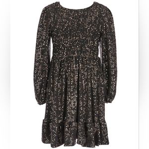 Ava & Yelly Long-Sleeve Foil-Dot-Print Smocked Flounce Hem Dress